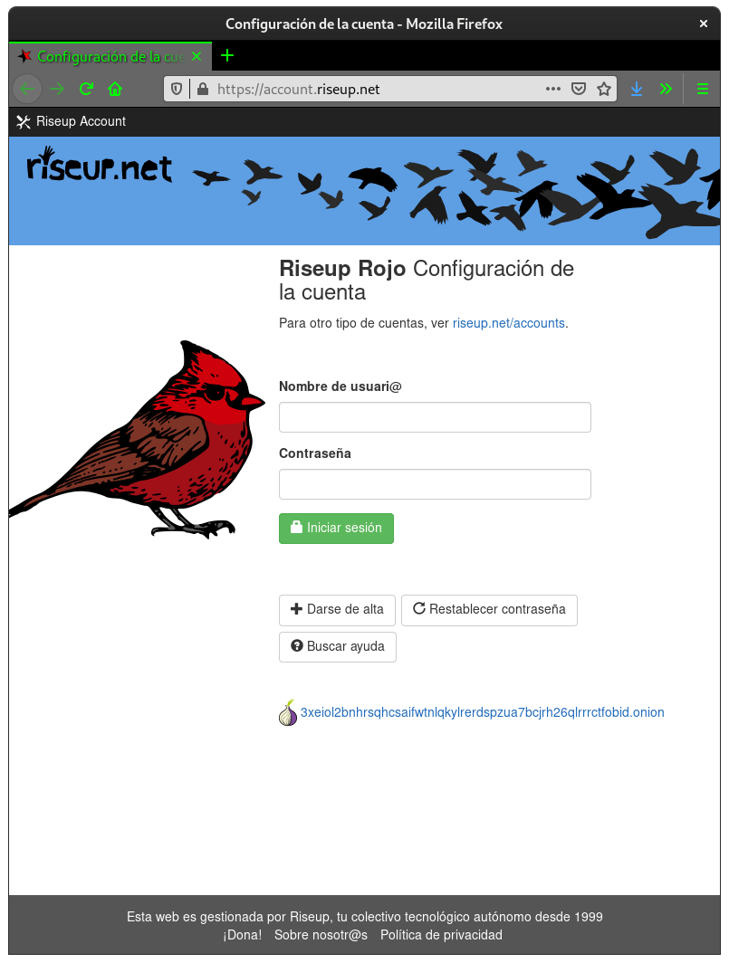 Portal de cuentas de Riseup.