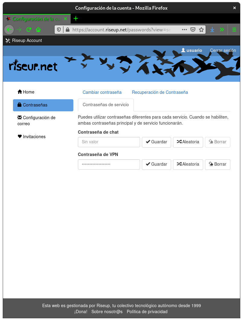 Panel de contraseñas de servicio.