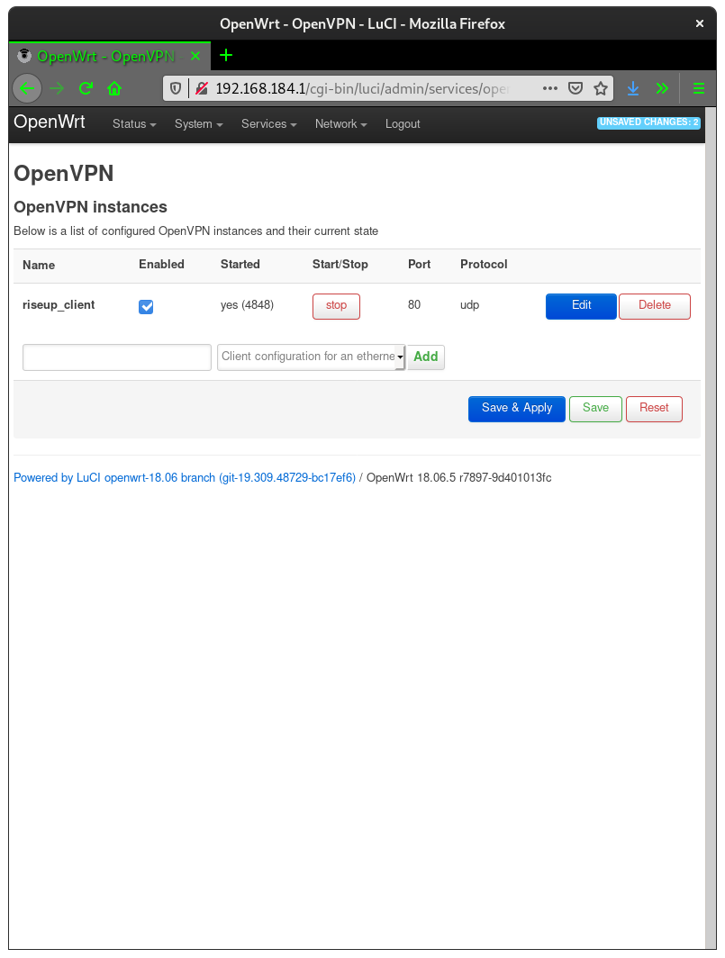 RiseupVPN activado en OpenWrt con OpenVPN.