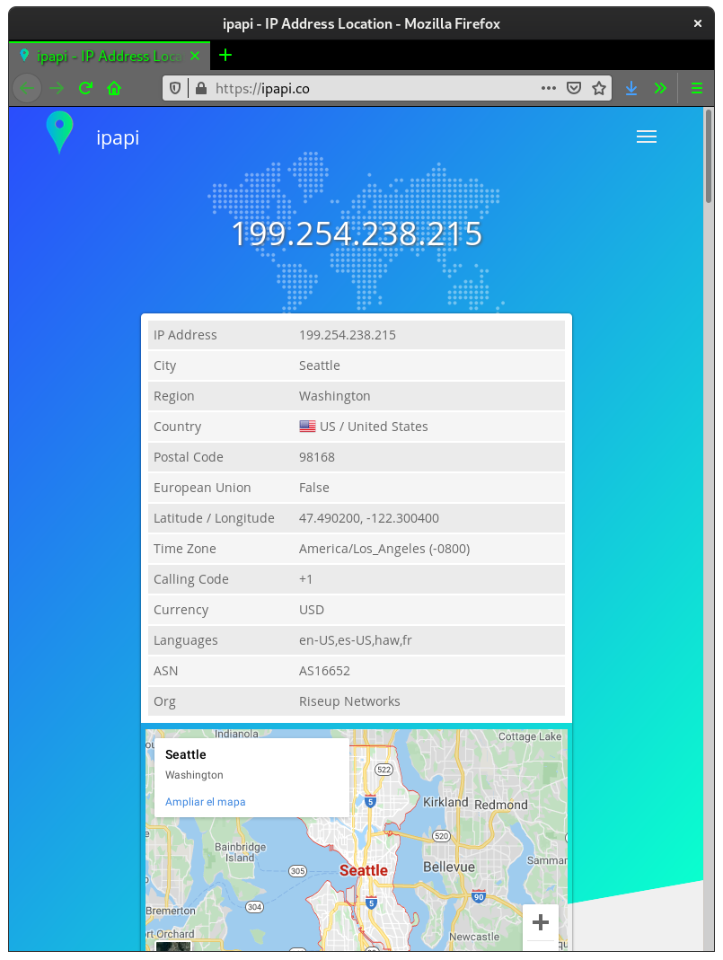 Portal de ipapi donde se explicita el uso de RiseupVPN.
